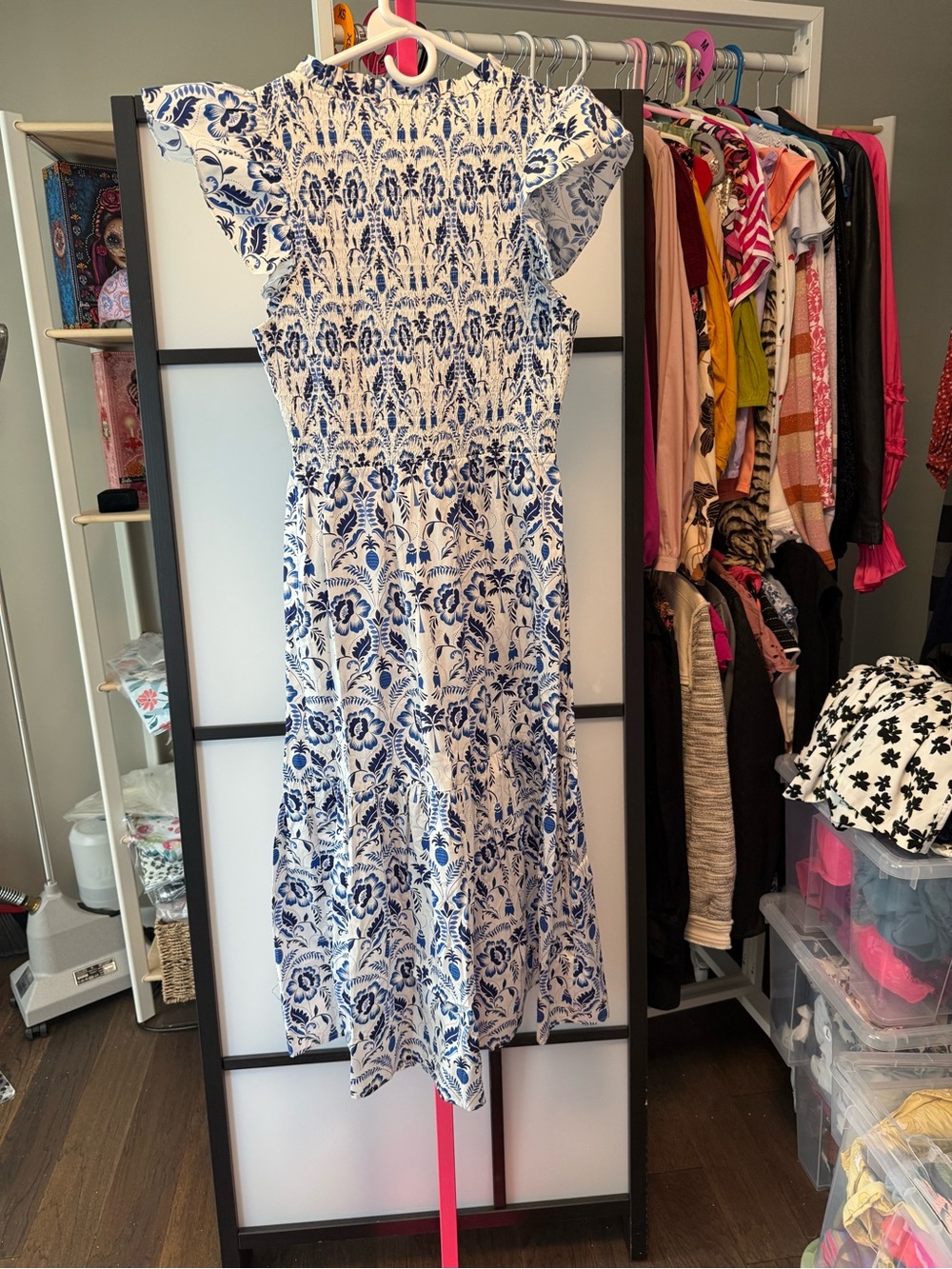 Sugar Lips Marisol Floral Giza Glare Smock Tiered Midi Dress Blue White NWT S - Picture 9 of 10